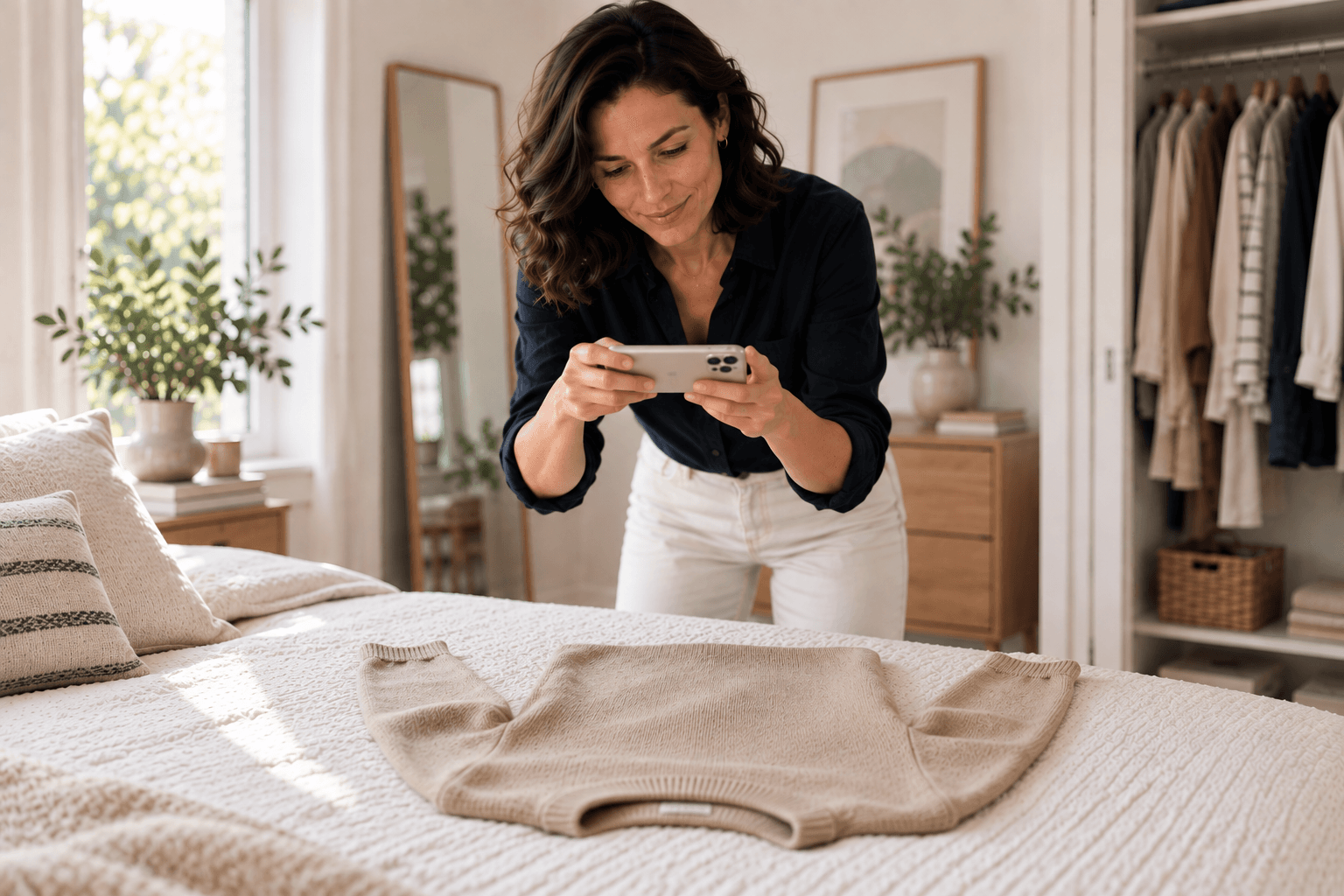 A woman photographing a beige sweater in her wardrobe